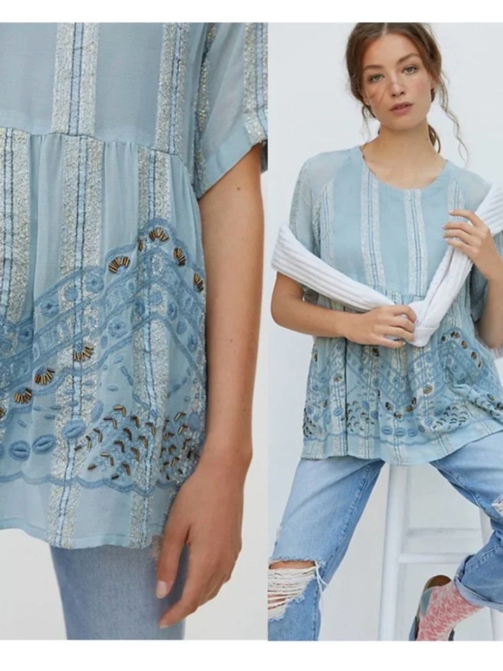 Anthropologie Blue Raga Beaded Top